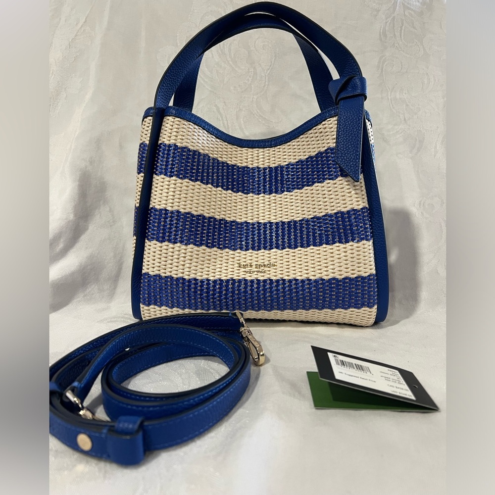 Kate Spade “Knott” classic woven blue and ivory striped satchel / crossbody